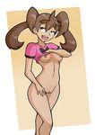  1girl bottomless breasts brown_hair green_eyes open_mouth pokemon pokemon_(game) pokemon_xy pussy sana_(pokemon) santystuff 