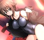 black_swimsuit blurry breasts brown_eyes brown_hair chair collarbone competition_school_swimsuit covered_navel cowboy_shot depth_of_field dutch_angle folding_chair girls_und_panzer hair_between_eyes kuromorimine_military_uniform large_breasts locker locker_room military military_uniform nakahira_guy nishizumi_maho off_shoulder one-piece_swimsuit open_clothes open_shirt parted_lips shirt short_hair sitting solo swimsuit swimsuit_under_clothes taut_clothes taut_swimsuit undressing uniform 