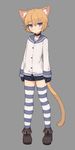  &gt;:( 1boy animal_ears black_gloves black_shorts blue_eyes boots brown_hair cat_ears cat_tail collar frown full_body gloves grey_background highres looking_at_viewer male_focus original shirt shone short_hair short_shorts shorts simple_background solo standing striped striped_legwear tail thighhighs 