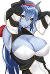  armpits arms_behind_head arms_up bangs bare_shoulders black_sclera blue_hair blue_skin breasts cleavage cleavage_cutout closed_mouth commentary_request demon_girl demon_horns detached_sleeves dress hair_between_eyes hair_ornament hair_ribbon hair_tie hair_tie_in_mouth highres horns large_breasts looking_at_viewer low_ponytail mouth_hold onineko-chan original red_ribbon ribbon simple_background sleeveless smile solo tying_hair upper_body white_background wide_sleeves yellow_eyes 