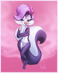  2017 anthro aroma artbirchly_(artist) bra clothing dark_eyes eyelashes female fifi_la_fume fur hair hair_bow hair_ribbon looking_at_viewer mammal panties purple_fur purple_hair ribbons silver_eyeshadow simple_background skunk smile solo tiny_toon_adventures underwear warner_brothers white_fur 