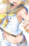  armpits bare_shoulders blonde_hair blush collarbone daidou_(demitasse) head_out_of_frame headphones highres kagamine_rin nail_polish navel open_mouth sailor_collar shirt short_hair shorts simple_background sleeveless sleeveless_shirt smile solo stomach vocaloid white_background 