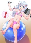 1girl ball bare_legs barefoot bikini blue_eyes bow breasts eromanga_sensei exercise_ball eyebrows_visible_through_hair gradient gradient_background hair_bow highres izumi_sagiri leaning_back long_hair mu-pyon navel open_mouth outstretched_arm pink_bikini sidelocks silver_hair simple_background small_breasts solo spoken_exclamation_mark stylus swimsuit tablet wavy_mouth 