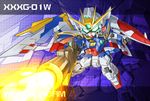  character_name energy_beam energy_gun glowing glowing_eyes green_eyes gundam gundam_wing mecha memento_vivi no_humans shield wing_gundam wings zoom_layer 