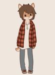  black_nose brown_hair caprine clothing flannel footwear fur goat green_eyes grey_background hair horn jeans looking_at_viewer mammal multicolored_fur open_mouth pants s1120411 shirt shoes simple_background solo standing two_tone_fur 