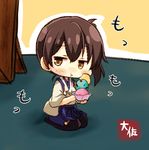  :t artist_name black_legwear blue_hakama brown_eyes brown_hair chibi commentary_request eating food hair_between_eyes hakama holding holding_spoon ice_cream japanese_clothes kaga_(kantai_collection) kantai_collection minigirl pout seiza short_hair side_ponytail sitting solo spoon taisa_(kari) tasuki thighhighs 