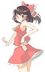  armpits arnest ascot ass bare_arms blush bow breasts brown_eyes brown_hair commentary hair_bow hair_tubes hakurei_reimu looking_at_viewer looking_back medium_breasts medium_hair miniskirt no_detached_sleeves ofuda ponytail seductive_smile skirt sleeveless smile solo touhou translated 