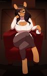  2017 3mangos anna_(kelnich) anthro armchair big_breasts black_hair breasts chair cleavage clothed clothing crossed_legs cup equine eyewear glasses green_eyes hair horse keyhole_turtleneck mammal sitting solo sweater 