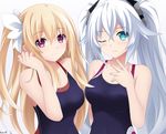  aqua_eyes bare_shoulders black_heart blonde_hair blue_swimsuit blush breasts cleavage company_connection competition_swimsuit creator_connection date_a_live hair_ornament hair_ribbon hand_up keenh long_hair looking_at_viewer mayuri_(date_a_live) medium_breasts multiple_girls neptune_(series) one-piece_swimsuit one_eye_closed one_side_up purple_eyes ribbon signature smile swimsuit symbol-shaped_pupils twintails very_long_hair white_background white_hair 