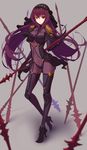  absurdres armor bodysuit breasts covered_navel fate/grand_order fate_(series) gae_bolg highres hiko_(630090143) holding holding_weapon large_breasts long_hair looking_at_viewer pauldrons polearm purple_bodysuit purple_hair red_eyes scathach_(fate)_(all) scathach_(fate/grand_order) shoulder_armor spear veil very_long_hair weapon 