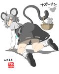  ahoge all_fours animal_ears ass basket black_footwear capelet character_name cutout dated eyebrows_visible_through_hair from_behind grey_hair grey_skirt grey_vest inuno_rakugaki jewelry long_sleeves looking_at_viewer looking_back mouse mouse_ears mouse_tail nazrin orange_eyes pendant shirt shoe_soles shoes short_hair skirt solo surprised tail tail_hold tail_raised touhou vest white_background white_legwear white_shirt 