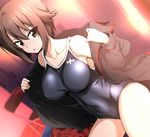  black_swimsuit blurry breasts brown_eyes brown_hair chair collarbone competition_school_swimsuit covered_navel cowboy_shot depth_of_field dutch_angle folding_chair girls_und_panzer hair_between_eyes kuromorimine_military_uniform large_breasts locker locker_room military military_uniform nakahira_guy nishizumi_maho off_shoulder one-piece_swimsuit open_clothes open_shirt parted_lips shirt short_hair sitting solo swimsuit swimsuit_under_clothes taut_clothes taut_swimsuit undressing uniform 