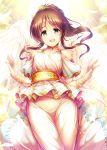  1girl :d angel_wings bangs bare_shoulders beads belt blush brown_hair choker cloud cloudy_sky collarbone commentary_request cowboy_shot eyebrows_visible_through_hair feathered_wings flower hair_flower hair_ornament idolmaster idolmaster_cinderella_girls long_hair looking_at_viewer ment open_mouth pants parted_bangs ponytail short_sleeves shoulder_cutout sidelocks sky smile solo sunlight takamori_aiko tareme w_arms white_pants white_wings wings wristband yellow_flower 