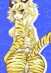  2017 abstract_background anthro big_eyes blonde_hair blue_eyes blush breasts brown_stripes butt camel_toe cheek_tuft eyelashes feline female fur hair half-closed_eyes hi_res kemono looking_back mammal megane_inu rear_view solo striped_fur stripes tiger translucent tuft yellow_fur 