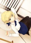  ahoge arms_up artoria_pendragon_(all) bangs black_legwear blonde_hair blue_skirt blush bokken breasts dutch_angle eyebrows_visible_through_hair fate/stay_night fate_(series) foreshortening from_behind green_eyes hair_ribbon high-waist_skirt indoors knees_up legs_together long_sleeves looking_back lpip lying medium_breasts no_pupils no_shoes on_back on_floor pantyhose parted_lips pillow ribbon saber short_hair skirt solo sword tatami tsurime weapon wooden_sword 