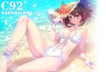  ankle_garter brown_hair carnelian criss-cross_halter day earrings flower green_eyes halterneck hat hat_flower jewelry kantai_collection leg_up light_smile lying mutsu_(kantai_collection) navel navel_cutout o-ring o-ring_swimsuit one-piece_swimsuit outdoors partially_submerged short_hair solo sparkle straw_hat sun_hat swimsuit white_swimsuit 