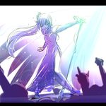  blue_dress closed_eyes commentary concert crowd dress fist_pump hand_gesture iesupa long_hair microphone microphone_stand music ponytail real_life rwby scar scar_across_eye seiyuu_connection singing very_long_hair weiss_schnee white_hair 