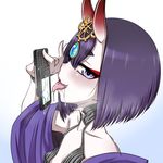  cellphone fate/grand_order fate_(series) gradient gradient_background hair_ornament hanya_(hanya_yashiki) holding holding_cellphone holding_phone horns licking looking_at_viewer oni oni_horns phone purple_eyes purple_hair saliva short_hair shuten_douji_(fate/grand_order) solo tongue 