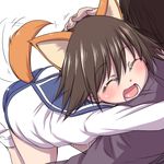  ^_^ animal_ears brown_hair closed_eyes dog_ears dog_tail hand_on_another's_head hanya_(hanya_yashiki) happy hug miyafuji_yoshika open_mouth school_swimsuit school_uniform serafuku short_hair solo_focus strike_witches swimsuit swimsuit_under_clothes tail tail_wagging world_witches_series 