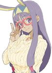  absurdres adjusting_eyewear animal_ears breasts bunny_ears dark_skin donguri_suzume earrings facial_mark fate/grand_order fate_(series) glasses hairband highres jewelry large_breasts long_hair looking_at_viewer nail_polish nitocris_(fate/grand_order) purple_eyes purple_hair solo sweater white_background 