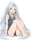  ahoge arm_support bare_shoulders barefoot blue_eyes blue_hair blue_swimsuit blush commentary_request full_body granblue_fantasy kawata_hisashi light_blue_hair long_hair looking_at_viewer lyria_(granblue_fantasy) one-piece_swimsuit open_mouth school_swimsuit simple_background sketch smile solo swimsuit very_long_hair white_background 
