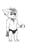  bristol bulge claws clothing cup ear_piercing fur holding_object league_of_legends male mammal navel nipples pecs piercing riot_games simple_background slightly_chubby solo standing toe_claws underwear video_games yordle ziggs 
