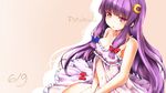  beige_background blue_bow bow bow_removed breasts character_name cleavage crescent crescent_hair_ornament dated eyebrows_visible_through_hair hair_bow hair_bow_removed hair_ornament highres long_hair medium_breasts navel patchouli_knowledge purple_eyes purple_hair red_bow rin_(ashleyy) simple_background solo touhou 