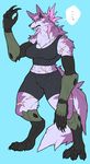  ... 4_toes abs anthro breasts canine claws clothing crop_top cybernetics cyborg dantera_rina digitigrade female fluffy fluffy_tail fur hutago inner_ear_fluff machine mammal muscular navel pink_eyes purple_fur scar sharp_teeth shirt shorts sweat sweatdrop teeth toes wolf 