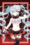  absurdres arm_up bad_id bad_pixiv_id black_legwear bless_you_(module) flower hair_flower hair_ornament hatsune_miku highres kakami_(pixiv7616827) long_hair midriff nail_polish navel nisoku_hokou_(vocaloid) project_diva_(series) project_diva_f_2nd skirt solo thigh_gap thighhighs twintails very_long_hair vocaloid 