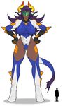  animal_humanoid big_breasts blue_eyes bodysuit boots breasts brown_skin clothing female footwear hair hands_on_hip high_heels horn humanoid hutago knee_high_boots larger_female macro mammal navel purple_hair shoes size_difference skinsuit spikes tail_tuft tight_clothing tuft visor 