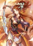  absurdres arm_up breasts brown_eyes brown_hair chinese_clothes cleavage cowboy_shot floating_hair grey_legwear hair_ribbon headband highres holding holding_sword holding_weapon iwamoto_zerogo kaihime knife long_hair looking_at_viewer medium_breasts open_mouth original ribbon solo standing sword thighhighs toukiden toukiden_kiwami very_long_hair weapon white_ribbon 