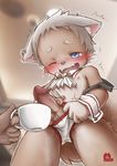  balls blue_eyes blush briefs brown_fur cat child clothing cub cute_fangs erection feline fur humanoid_penis inner_ear_fluff male mammal masturbation nipples one_eye_closed open_mouth pawpads penis standing teacup underwear young yuanyuan 