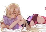  ass bare_shoulders blonde_hair blush breasts elf freckles green_eyes long_hair lying magilou_(tales) no_detached_sleeves on_stomach pillow pink_legwear pointy_ears small_breasts solo tales_of_(series) tales_of_berseria thighhighs tusia 