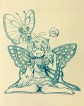  ^_^ antennae arinu barefoot blush butterfly_wings butterfree caterpie closed_eyes dress eternity_larva gen_1_pokemon heart highres insect_girl leaf leaf_on_head metapod monochrome on_shoulder pokemon pokemon_(creature) short_sleeves sitting sketch spoken_heart touhou traditional_media wariza wings 