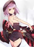  ass bare_shoulders black_panties fate/grand_order fate_(series) helena_blavatsky_(fate/grand_order) highres jacket jacket_removed looking_at_viewer panties purple_eyes purple_hair short_hair smile solo strapless underwear venomrobo 