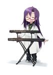  blush closed_labcoat eyebrows_visible_through_hair full_body glasses goshiki_agiri green_neckwear instrument keyboard_(instrument) kill_me_baby labcoat long_hair necktie okayparium open_mouth purple_hair shoes smile sneakers solo transparent_background 
