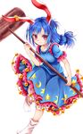 animal_ears blue_dress blue_hair bunny_ears chikuwa_savi crescent dress ear_clip highres holding kine looking_at_viewer mallet puffy_short_sleeves puffy_sleeves red_eyes seiran_(touhou) short_sleeves solo star touhou 
