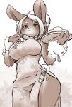  anthro big_breasts breasts chinese_clothing chinese_dress clothed clothing dress female hair kemono lagomorph looking_at_viewer low-angle_view mammal rabbit setouchi_kurage side_slit solo standing waiter wide_hips 
