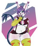  &lt;3 2017 anthro areola armwear arnachy blue_eyes breasts clothed clothing digimon feline female gatomon hair hi_res legwear mammal navel nipples one_eye_closed pubes purple_hair pussy short_hair skimpy solo thick_thighs thigh_highs tongue tongue_out wide_hips wink 