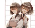  book brown_eyes brown_hair closed_eyes hair_ribbon hyuuga_(kantai_collection) ise_(kantai_collection) kantai_collection looking_at_viewer multiple_girls nontraditional_miko open_mouth ponytail ribbon short_hair simple_background skin_tight smile twitter_username undershirt v yuzu_(kimagure_kankitsurui) 