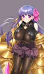  artist_name bangs black_legwear blush breasts claws commentary_request dated fate/extra fate/extra_ccc fate/grand_order fate_(series) grey_background hair_ribbon hattori_masaki highres huge_breasts long_hair o-ring o-ring_top pantyhose parted_lips passion_lip pink_ribbon puffy_shorts purple_hair ribbon shorts simple_background solo striped striped_shorts very_long_hair 