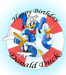  2017 4_fingers beak birthday blue_sclera blue_shirt bottomless bow_tie clothed clothing digital_media_(artwork) disney donald_duck english_text feathers group harara head_tuft hi_res lifesaver mickey_mouse_(tv_series) open_mouth open_smile sailor_hat smile sparkles tail_feathers text the_wise_little_hen white_feathers yellow_beak 