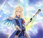  alternate_hairstyle armband bangs beret blonde_hair blue_bodysuit blue_eyes blue_wings bodysuit breasts cloud cloudy_sky combat_medic_ziegler cowboy_shot eyebrows_visible_through_hair eyelashes faulds gloves hat head_tilt holding holding_staff light_rays light_smile lips long_sleeves looking_at_viewer mechanical_wings medium_hair mercy_(overwatch) outdoors overwatch parted_lips pelvic_curtain pliers pouch sky small_breasts snana solo staff white_hat wings 