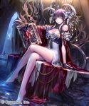  arm_support barefoot black_gloves book breasts choker cleavage crossed_legs detached_sleeves dress dutch_angle gloves hair_ornament holding holding_book irua large_breasts long_hair looking_at_viewer pointy_ears purple_hair red_eyes revealing_clothes shingeki_no_bahamut short_dress sitting sleeveless sleeveless_dress smile solo strapless strapless_dress white_dress 