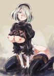  black_legwear blue_eyes breasts cleavage_cutout hairband large_breasts leotard looking_at_viewer nier_(series) nier_automata nipples no_blindfold open_mouth short_hair silver_hair solo squatting thighhighs yohane yorha_no._2_type_b 