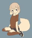  ankle_grab anthro black_eyes black_nose blue_background canine clothing dog female floppy_ears fluffy fluffy_tail fur grey_hair hair hand_on_thigh jeans kemono knee_socks kneeling legwear looking_away mammal open_mouth pants s1120411 shirt simple_background socks solo t-shirt white_fur 