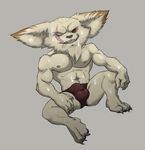  abs blind_eye bristol bulge chin_tuft claws clothing fur kled_(lol) league_of_legends male mammal navel nipples open_mouth pecs riot_games scar simple_background sitting solo sweat teeth toe_claws underwear video_games white_fur yordle 