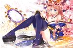  bare_shoulders bird black_legwear blonde_hair blue_bow blue_eyes blush bow branch breasts bubble character_request cleavage cosplay eyebrows_visible_through_hair fang fate/extra fate_(series) hair_bow highres large_breasts looking_away mirror nahaki one_eye_closed open_mouth petals sitting smile solo tamamo_(fate)_(all) tamamo_no_mae_(fate) tamamo_no_mae_(fate)_(cosplay) thighhighs 
