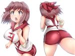  action ass bangs bouncing_breasts breasts brown_eyes brown_hair cowboy_shot elbow_pads from_side girls_und_panzer gym_shorts headband kitayama_miuki kondou_taeko large_breasts looking_to_the_side multiple_views open_mouth red_headband red_shirt red_shorts shirt short_hair short_shorts shorts simple_background sleeveless sleeveless_shirt sportswear standing volleyball_uniform white_background 