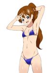  :d arm_behind_head arm_up armpits bikini blue_bikini blue_eyes blush breasts brown_hair cleavage highres kagemusha long_hair looking_at_viewer navel open_mouth original ponytail simple_background small_breasts smile solo swimsuit teeth w white_background 